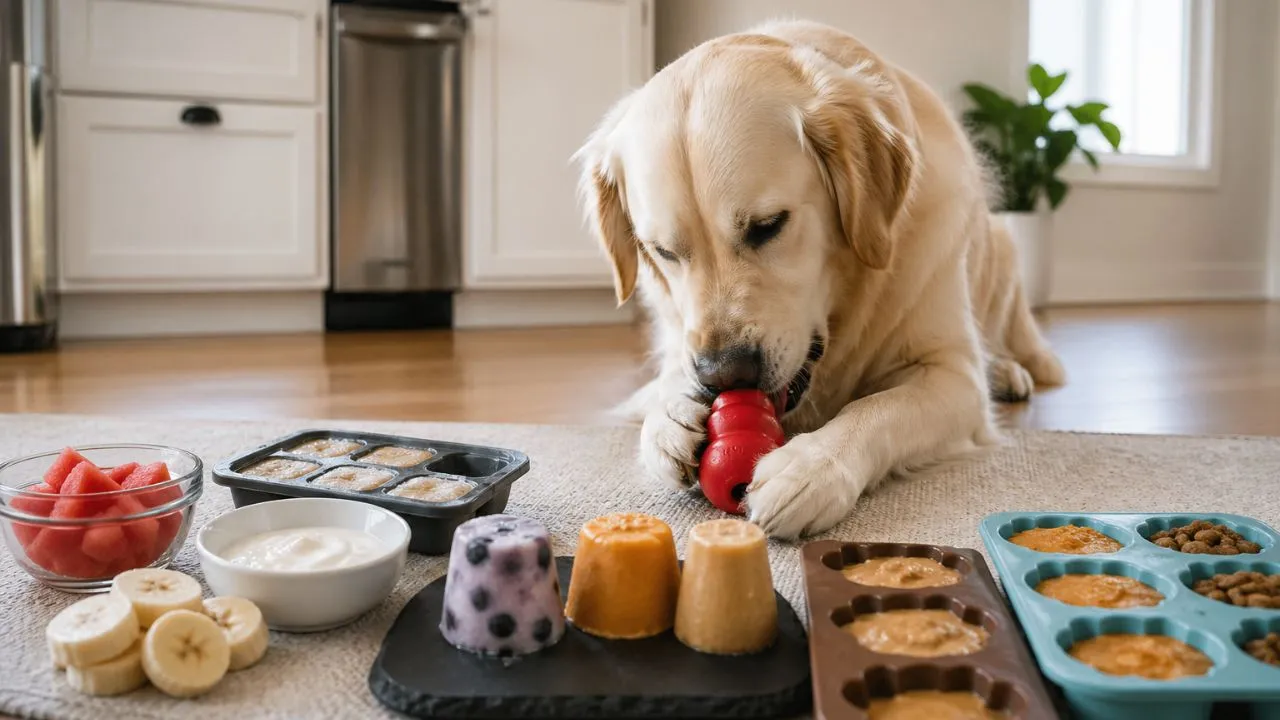 Dog enjoying frozen pupsicle treats with ingredients and molds on kitchen floor
