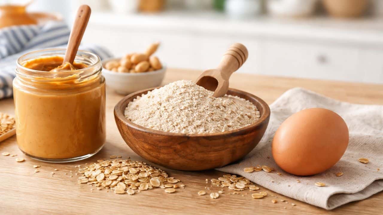 Peanut butter, oat flour, and egg on a kitchen counter
