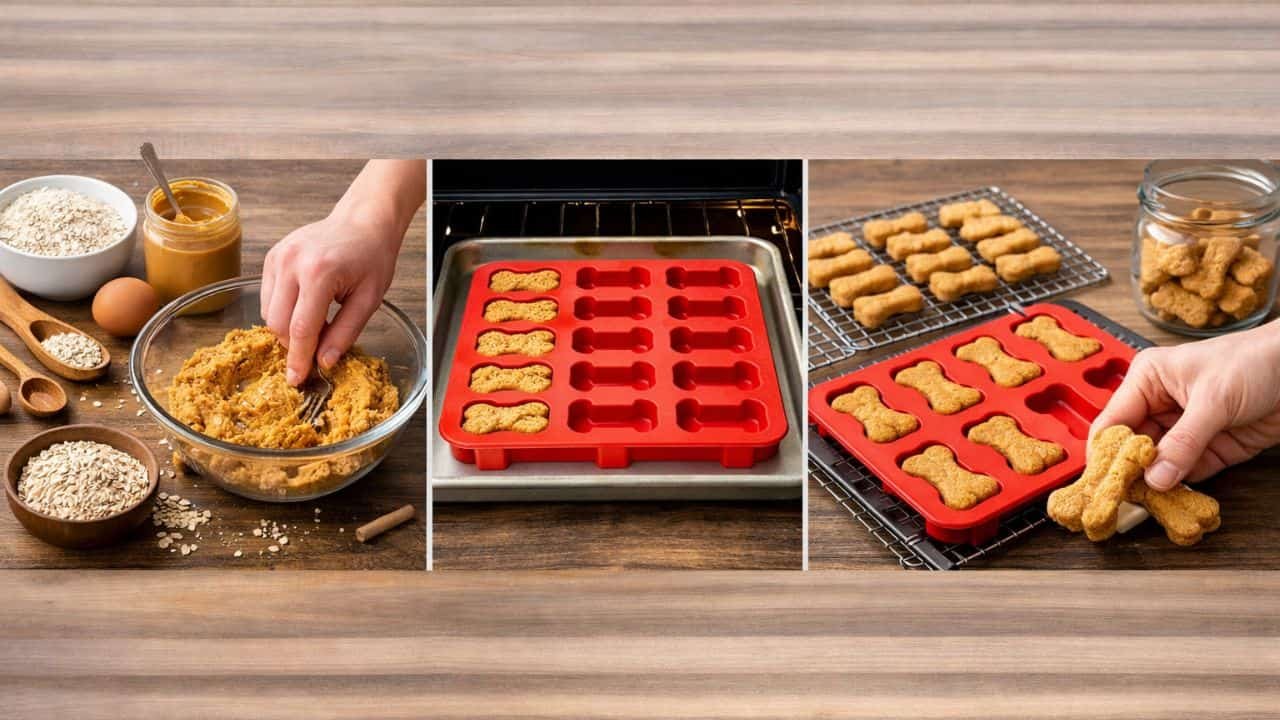 Step-by-step peanut butter dog biscuits being mixed, molded, baked, and cooled on a kitchen counter
