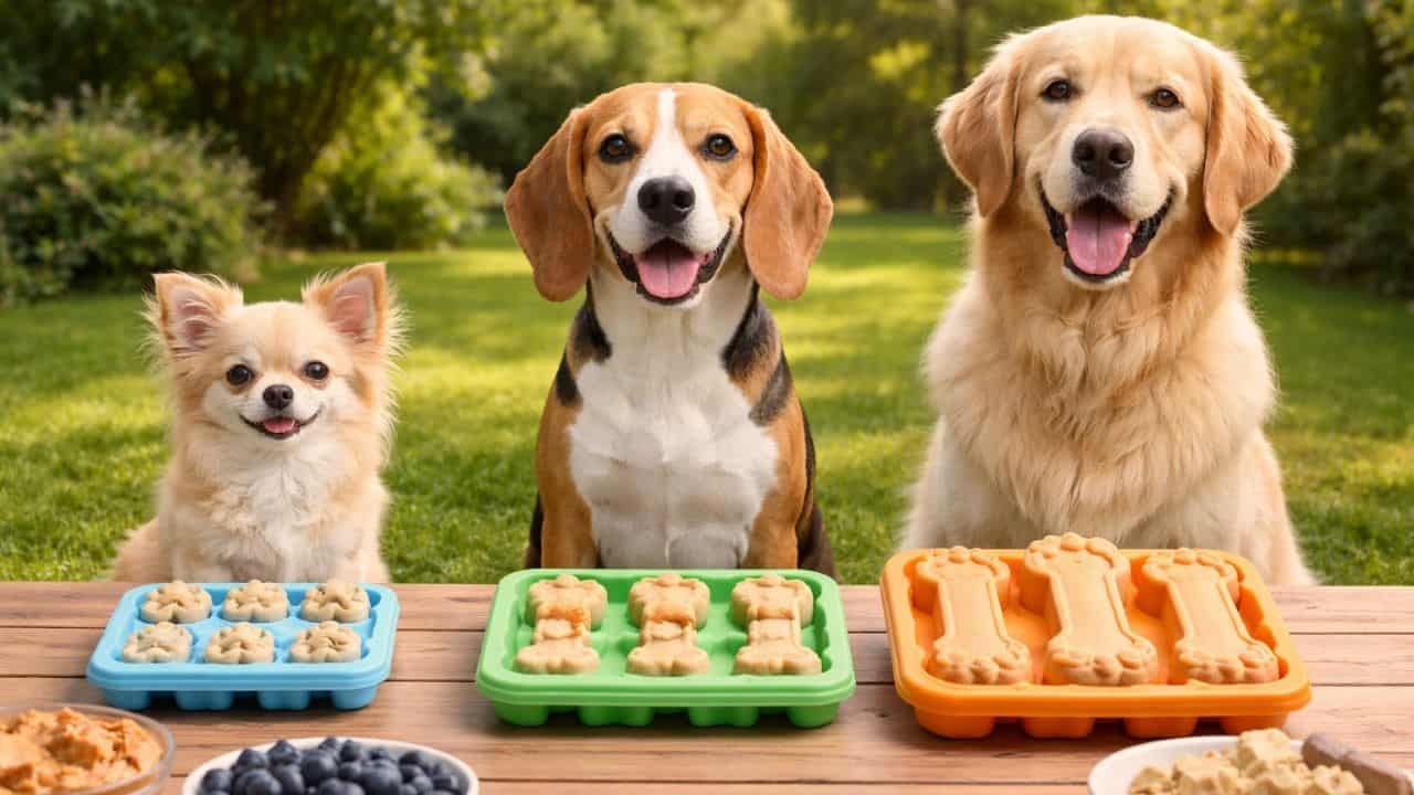 Wide image of three different-sized dogs with matching Pupsicle molds and treats on a table outdoors
