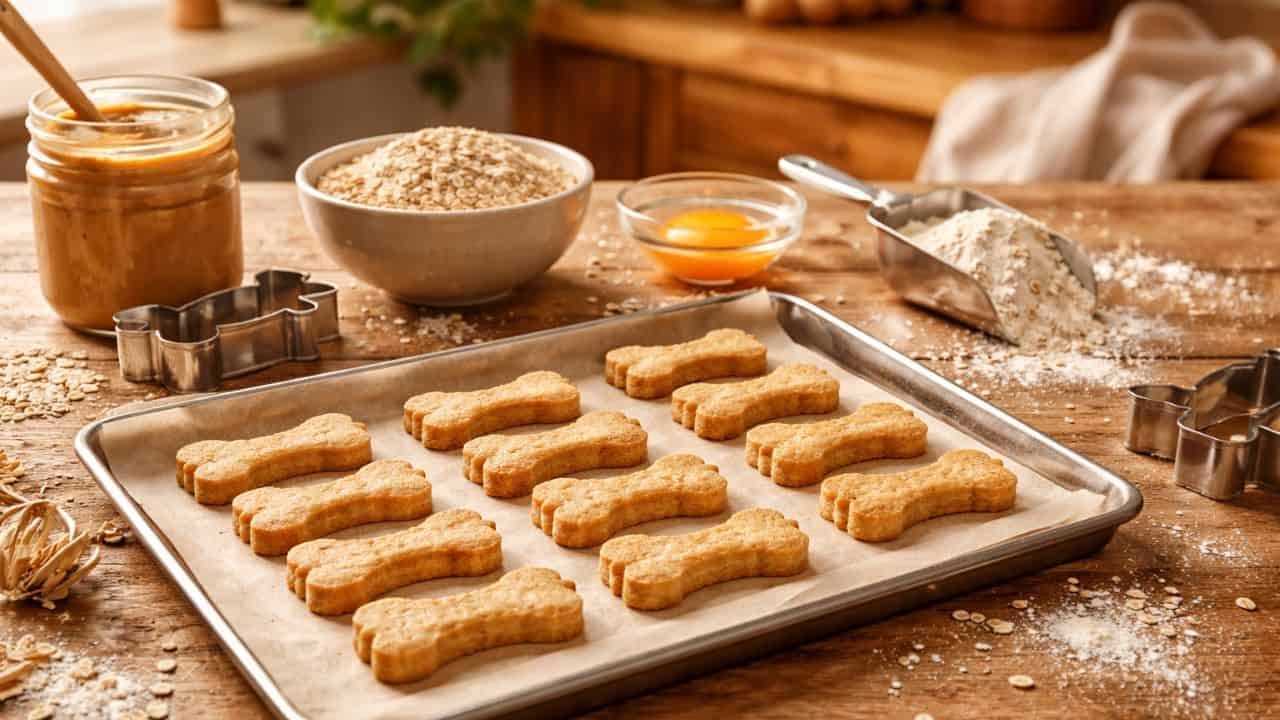 Homemade peanut butter dog biscuits on a baking tray with natural ingredients in a cozy kitchen
