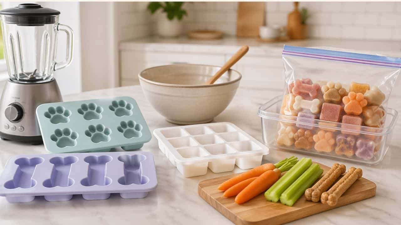 Kitchen setup with molds, blender, and ingredients for frozen treats
