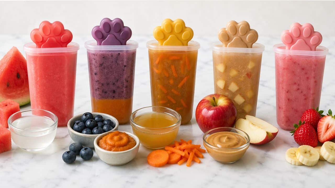 Colorful homemade frozen pupsicles with fresh fruits, yogurt, and broth ingredients arranged on a clean kitchen surface
