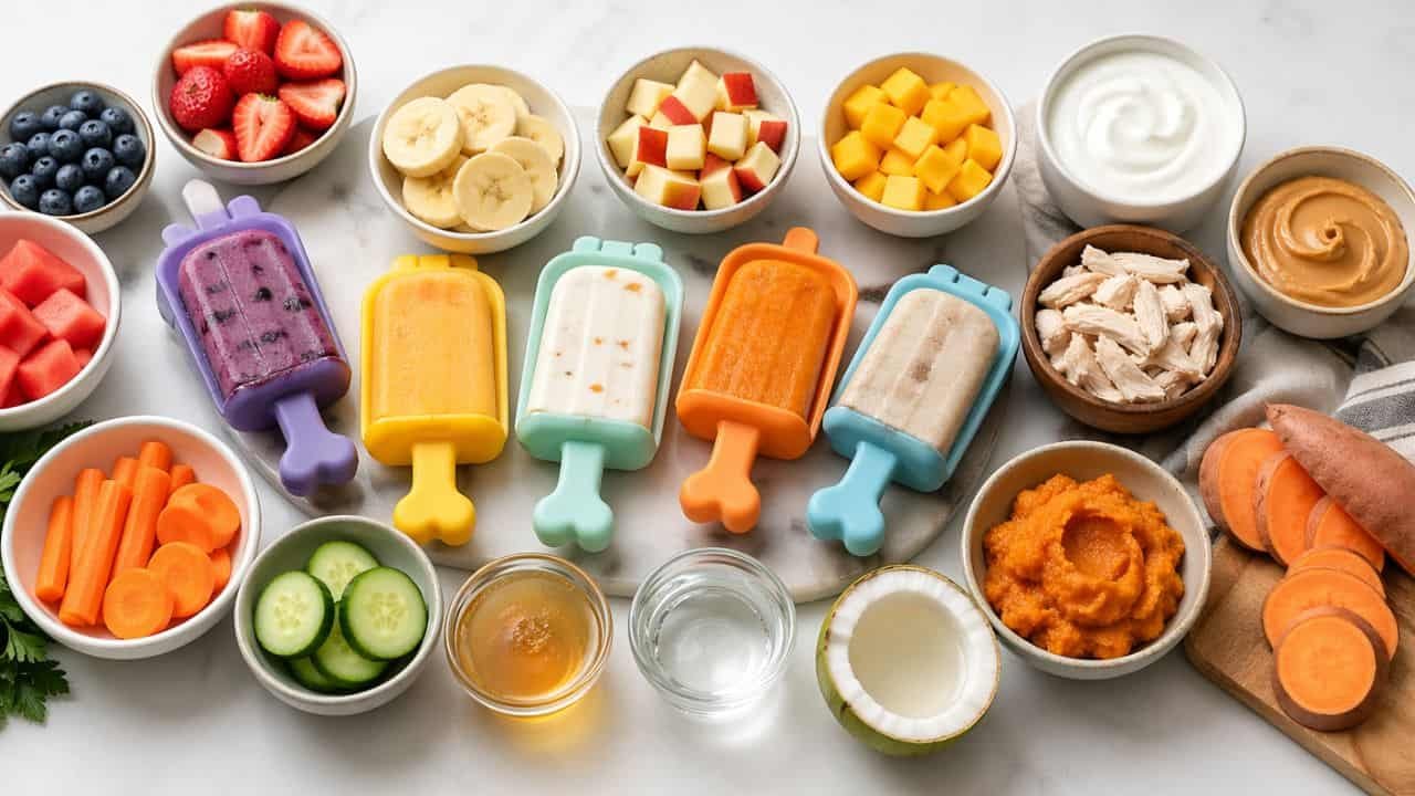 Flat lay of colorful dog-safe pupsicle ingredients and frozen treats on a clean marble surface
