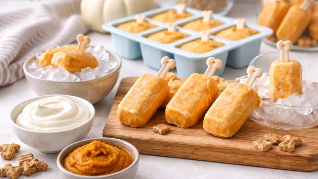 Homemade pumpkin and Greek yogurt pupsicles on a bright kitchen counter with silicone molds and dog treats nearby.
