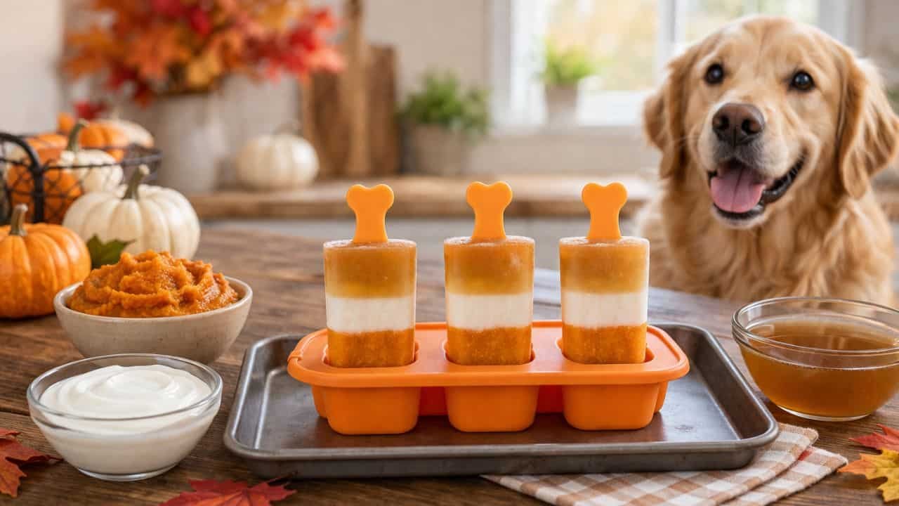 Layered pumpkin, yogurt, and bone broth pupsicles on a tray with a happy dog in a cozy autumn kitchen
