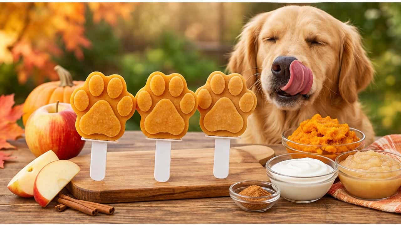 Golden retriever enjoying pumpkin apple pupsicles with fall ingredients on a cozy autumn table

