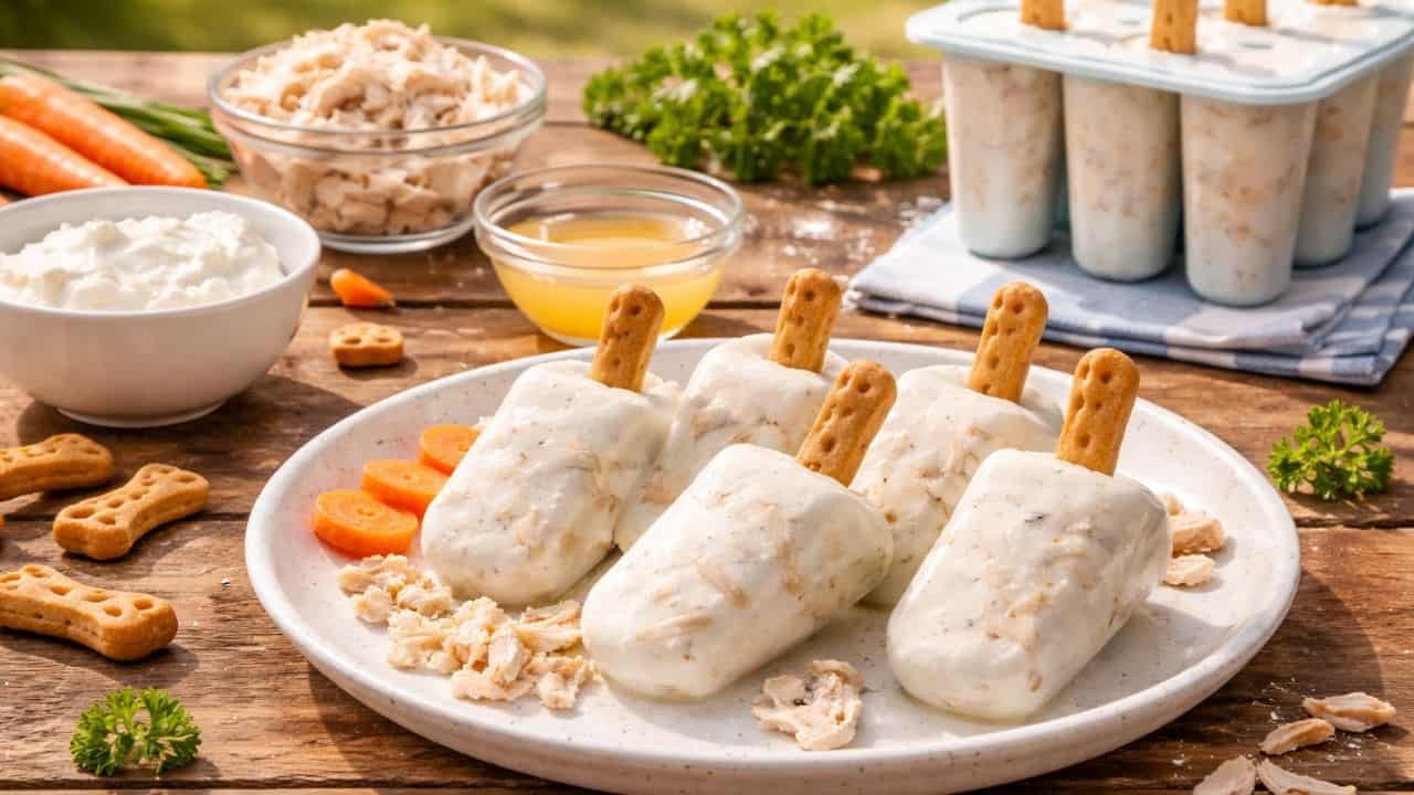 Frozen chicken yogurt pupsicles for dogs on a wooden table with ingredients around
