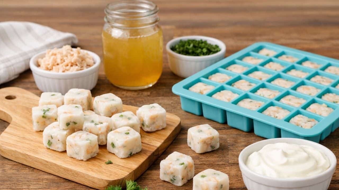 Frozen chicken yogurt mini dog treats in ice cube tray on wooden table
