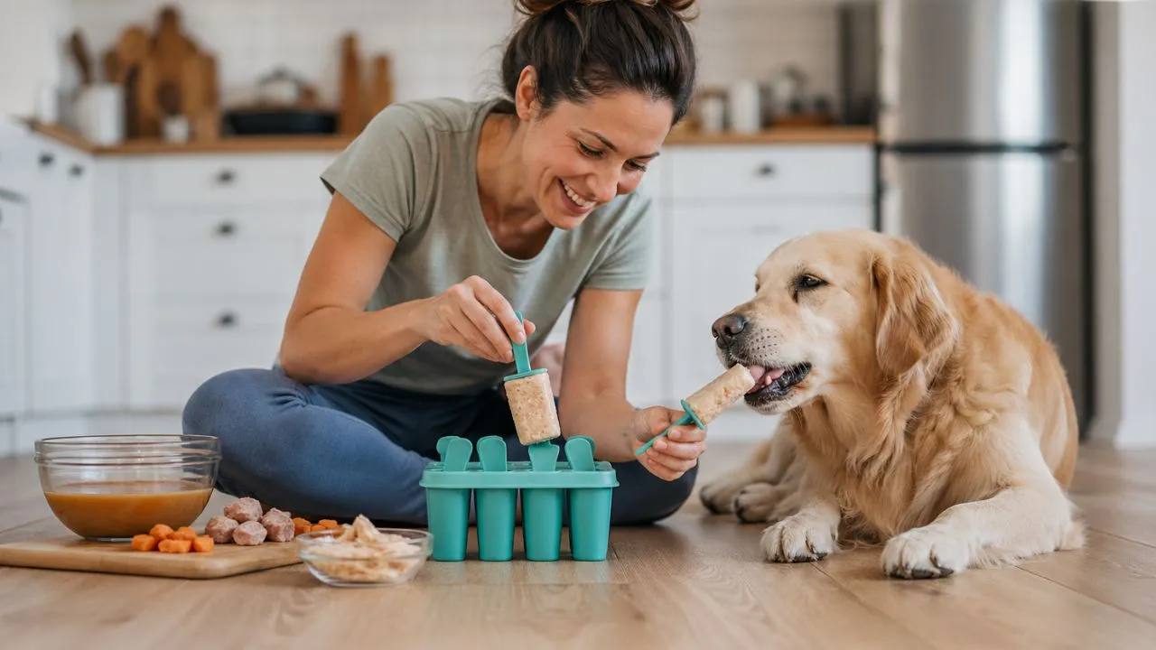 Homemade dog popsicle mold treats being prepared in a modern kitchen
