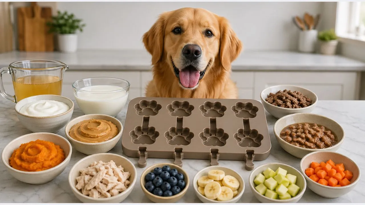 Homemade dog treat ingredients arranged around pupsicle mold on kitchen counter
